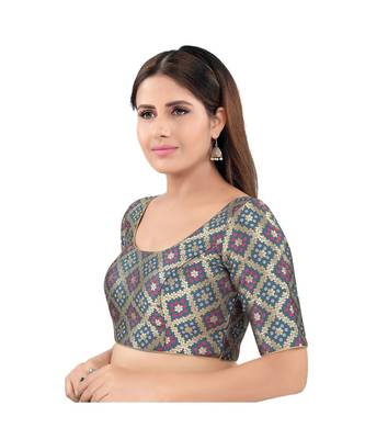Grey Brocade stitched round neck blouse 3