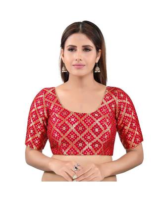 Red Brocade stitched round neck blouse 1