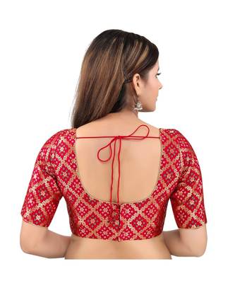 Red Brocade stitched round neck blouse 2