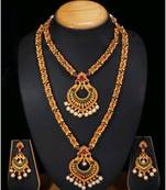 Premium Gold Polish  Studded Necklace Combo (Long+short)