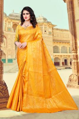 Yellow Jecquard Silk  Saree With Blouse Piece 1