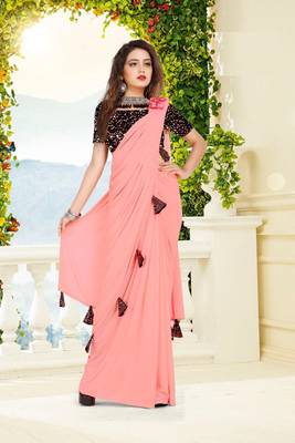 Peach Knitted lycra  saree with readymade blouse 1