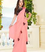 Peach Knitted lycra  saree with readymade blouse