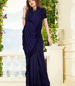 Navy_Blue Knitted Lycra  Saree With Readymade Blouse