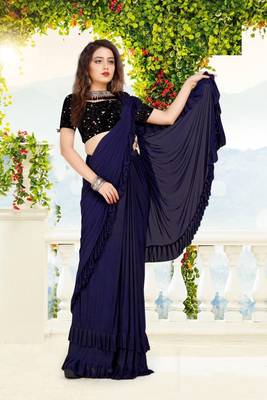 Navy_Blue Knitted Lycra  Saree With Readymade Blouse 2