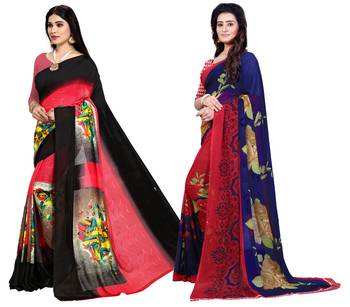 multicolor Georgette Printed Daily Wear Saree With Blouse (Pack of 2) 1