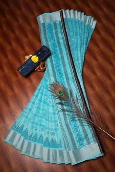 Sky blue printed cotton saree with blouse