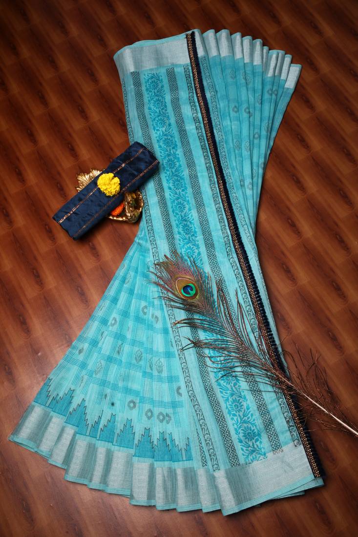 Sky blue printed cotton saree with blouse