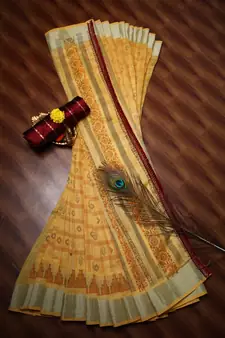 Yellow Printed Cotton Saree With Blouse
