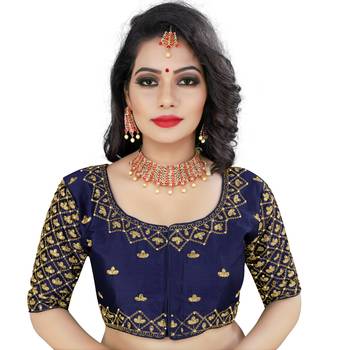 Dark blue art silk embroidery readymade blouse 1