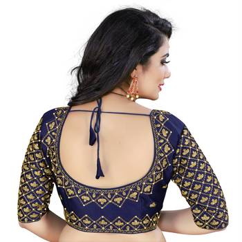 Dark blue art silk embroidery readymade blouse 2
