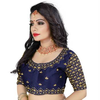 Dark blue art silk embroidery readymade blouse 3