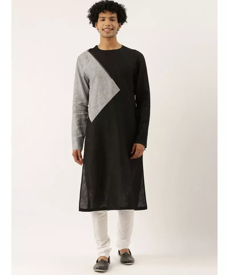 Black Grey Checkered Linen Kurta set