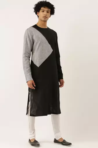 Black Grey Checkered Linen Kurta set