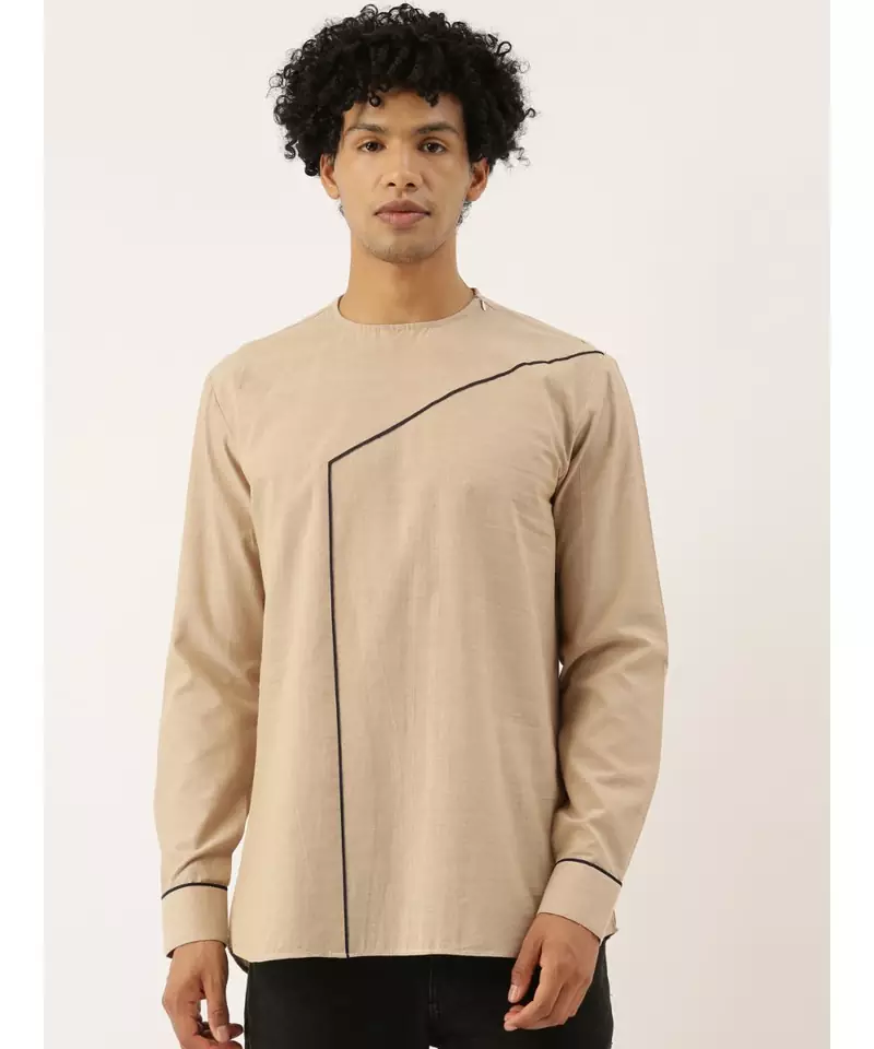Beige Blue Malai Cotton Short Kurta