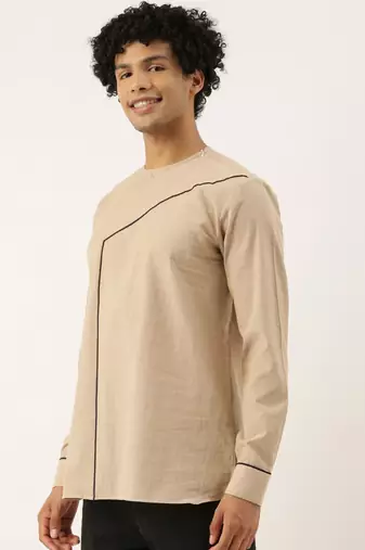 Beige Blue Malai Cotton Short Kurta