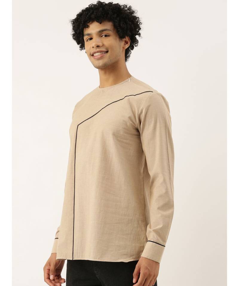 Beige Blue Malai Cotton Short Kurta