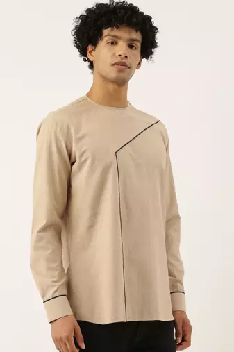 Beige Blue Malai Cotton Short Kurta