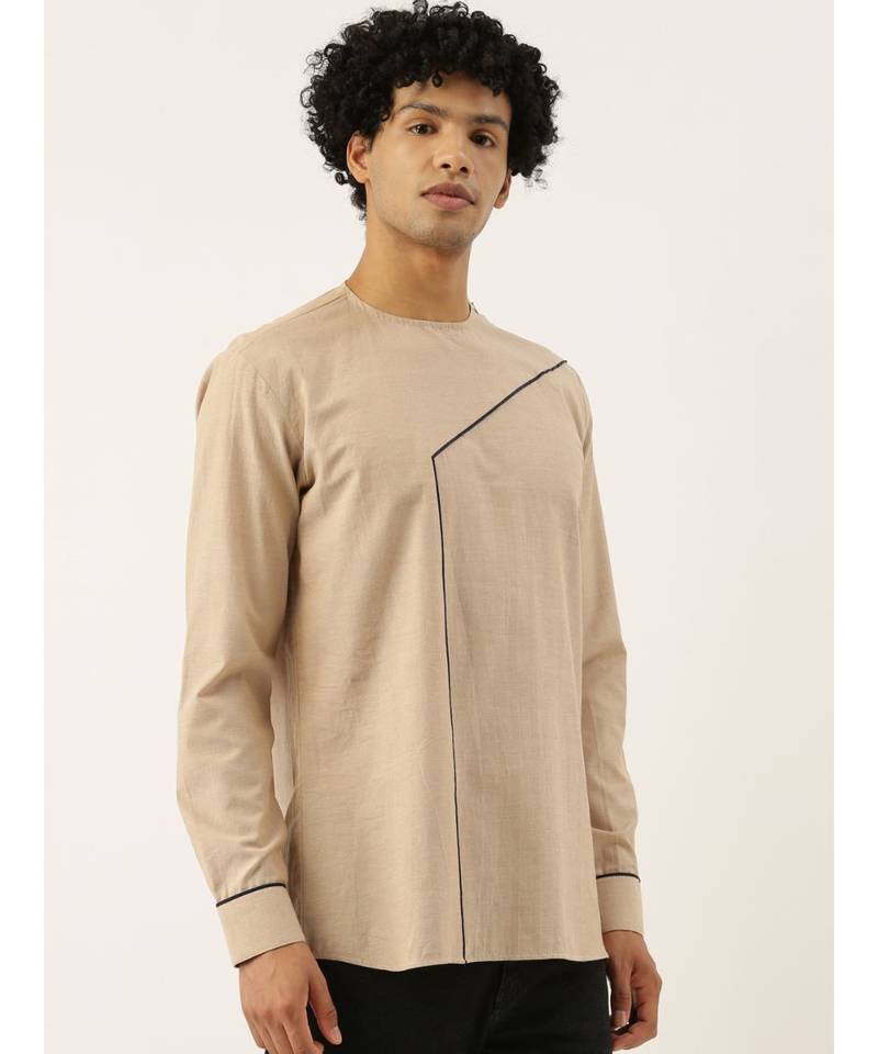 Beige Blue Malai Cotton Short Kurta