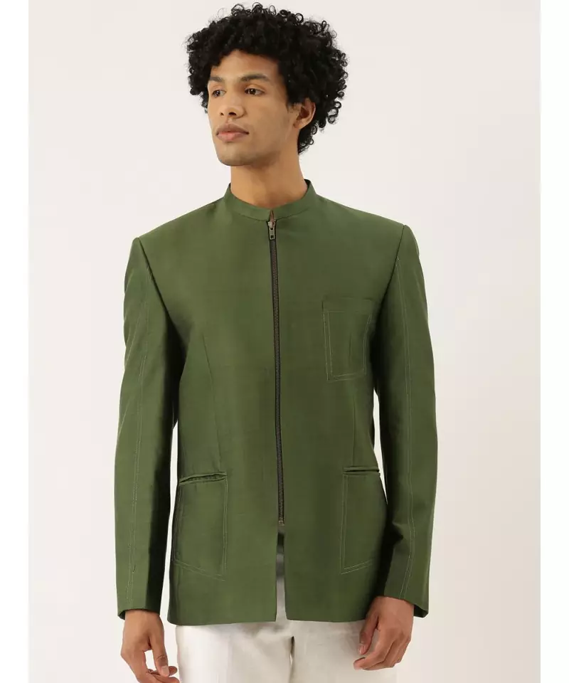 Green Cotton Silk Zipper Jacket