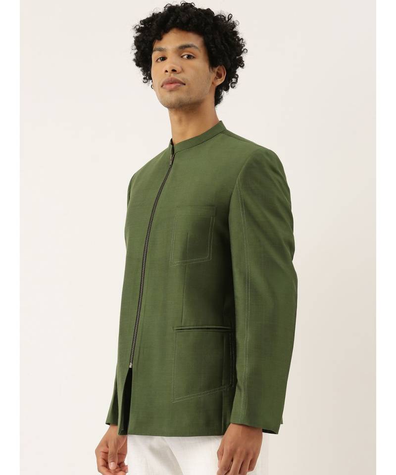 Green Cotton Silk Zipper Jacket