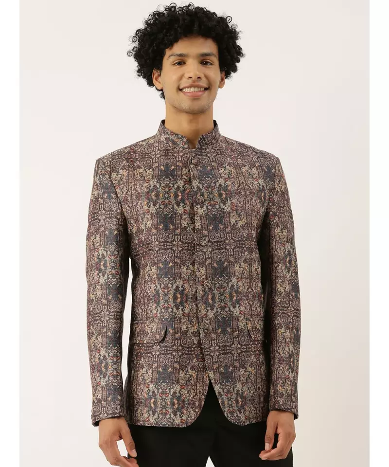 Chanderi Brown Printed Bandhgala