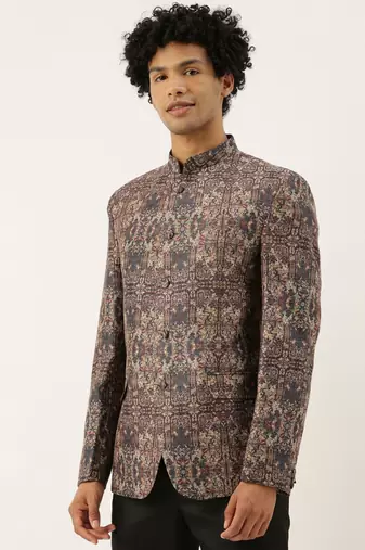 Chanderi Brown Printed Bandhgala