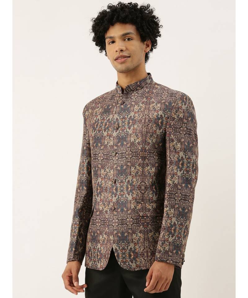 Chanderi Brown Printed Bandhgala