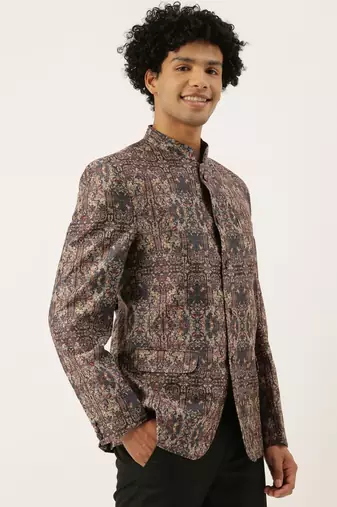 Chanderi Brown Printed Bandhgala