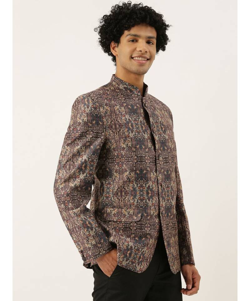 Chanderi Brown Printed Bandhgala