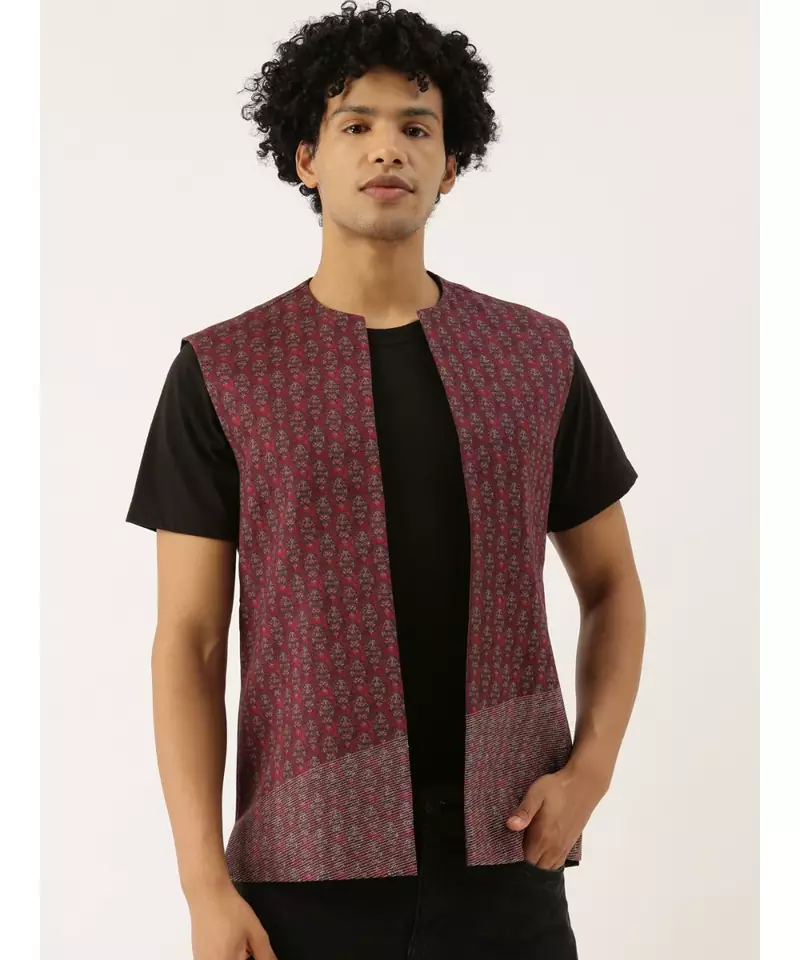 Red Linen Printed Open Jacket