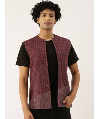 Red Linen Printed Open Jacket 1