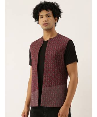 Red Linen Printed Open Jacket 4