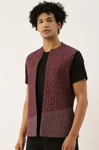 Red Linen Printed Open Jacket