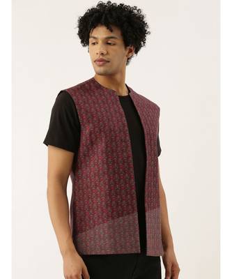 Red Linen Printed Open Jacket 5