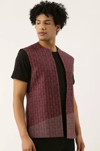 Red Linen Printed Open Jacket