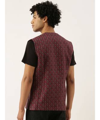 Red Linen Printed Open Jacket 6