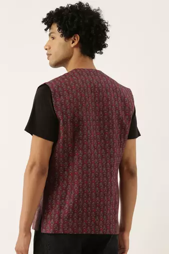 Red Linen Printed Open Jacket