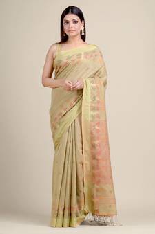 Beige woven blended cotton saree with blouse