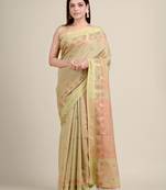 Beige woven blended cotton saree with blouse