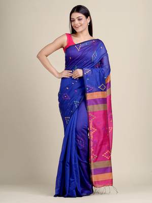 Royal blue woven blended cotton saree with blouse 1