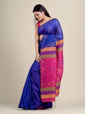 Royal blue woven blended cotton saree with blouse 2