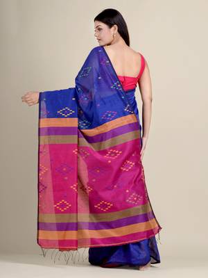 Royal blue woven blended cotton saree with blouse 3
