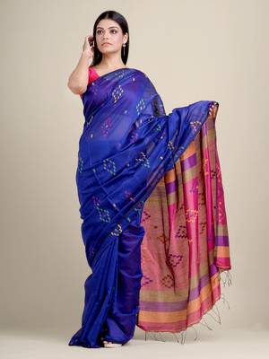 Royal blue woven blended cotton saree with blouse 4