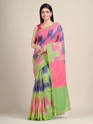 Multicolor woven blended cotton saree with blouse 1
