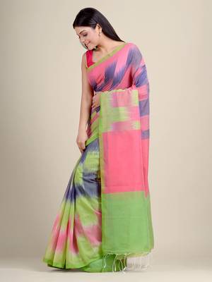 Multicolor woven blended cotton saree with blouse 4