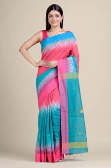 Sky blue woven blended cotton saree with blouse