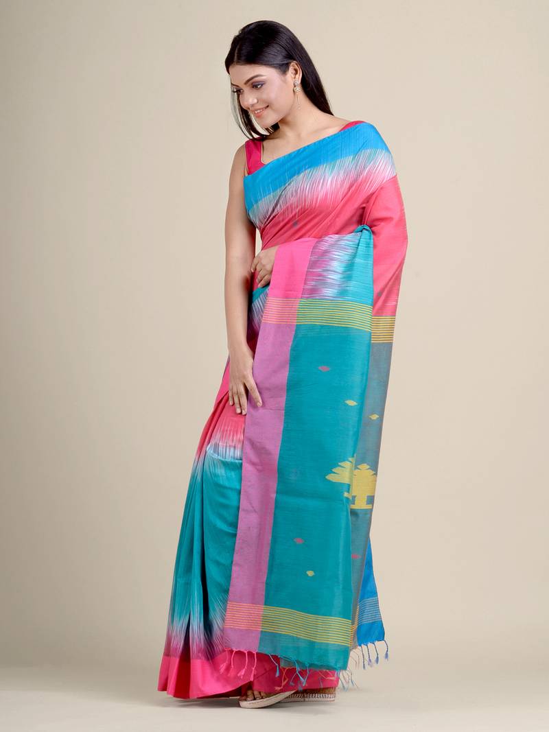 Sky blue woven blended cotton saree with blouse