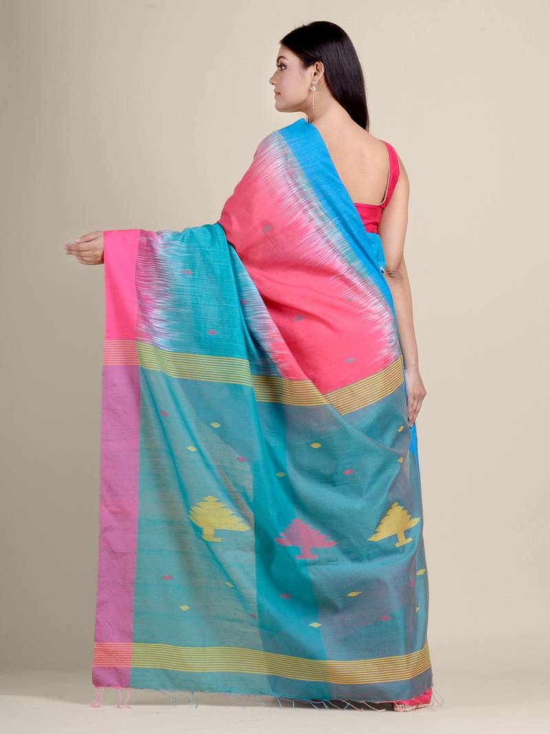 Sky blue woven blended cotton saree with blouse