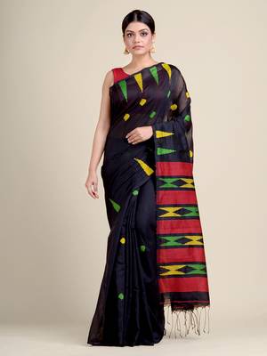 Black woven blended cotton saree with blouse 1